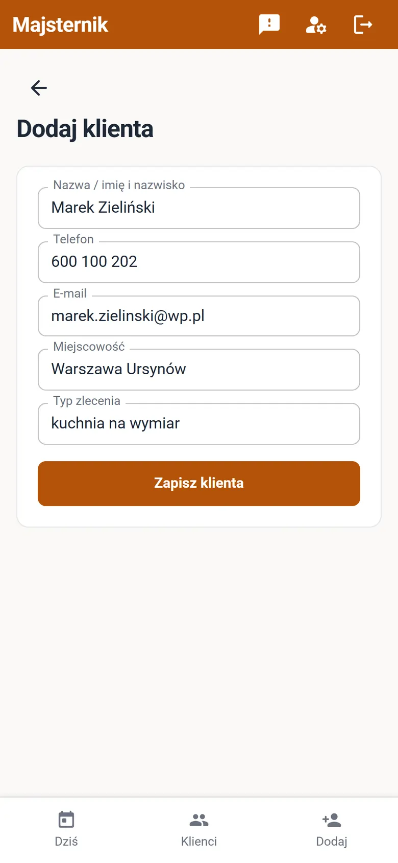 Formularz dodania klienta: nazwa, telefon, miejscowość, typ zlecenia