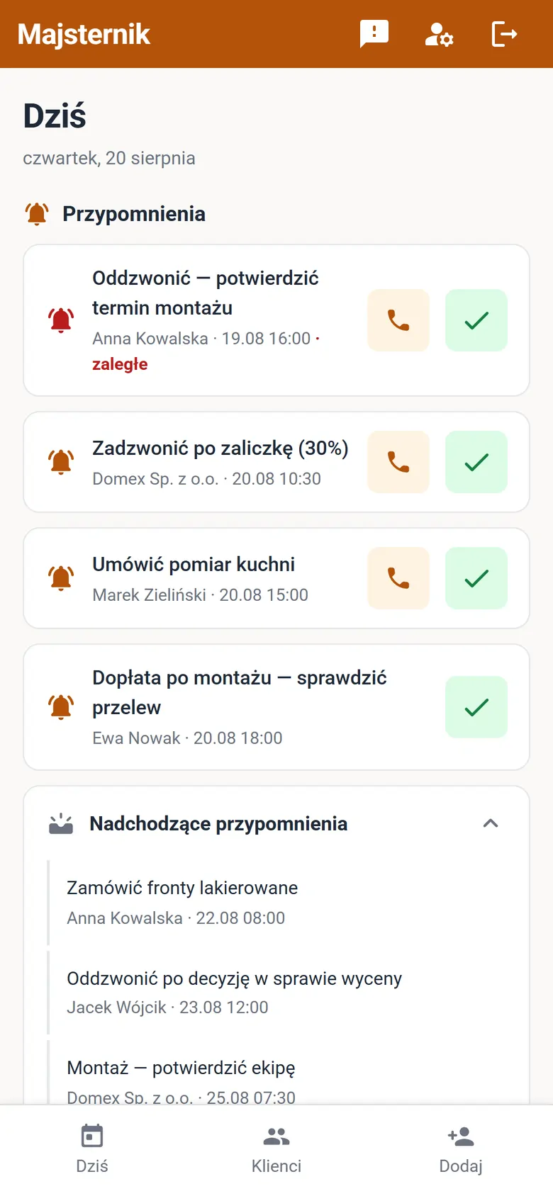 Ekran „Dziś” z przypomnieniami i ofertami bez odpowiedzi