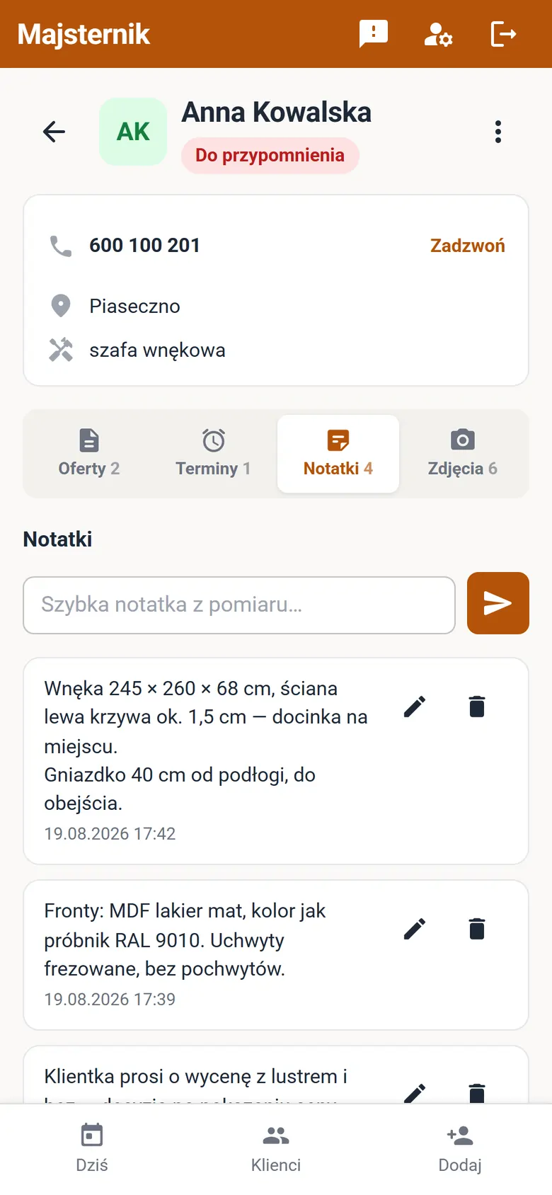 Karta klienta z notatkami z pomiaru